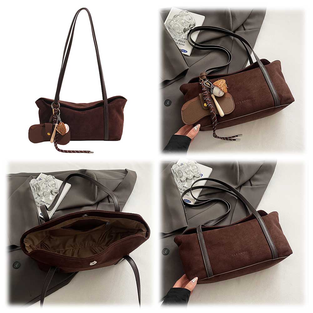 Women Suede Shoulder Bag with Inner Pocket Flap Underarm Bag Large Capacity Satchel Bag Solid for Work Travel