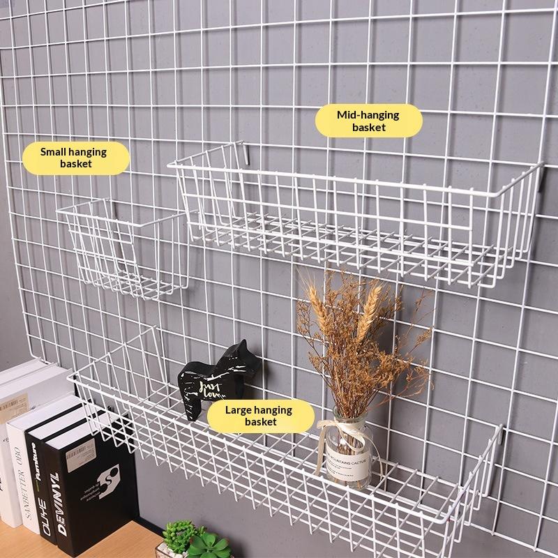 Metal Decorative Storage Basket Diy Iron Grid Flower Pot Hanging Shelf Wall Art Mounted Frame Mesh Display Rack Home Decoration