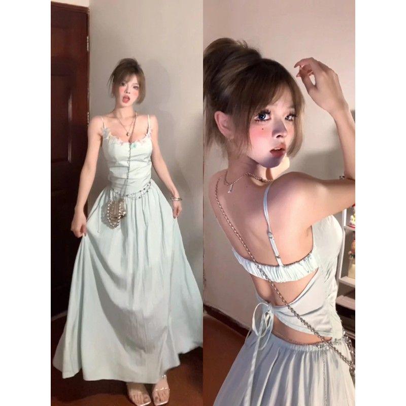 Green Spaghetti Strap Backless A-Line Summer Dress with Cinched Waist  