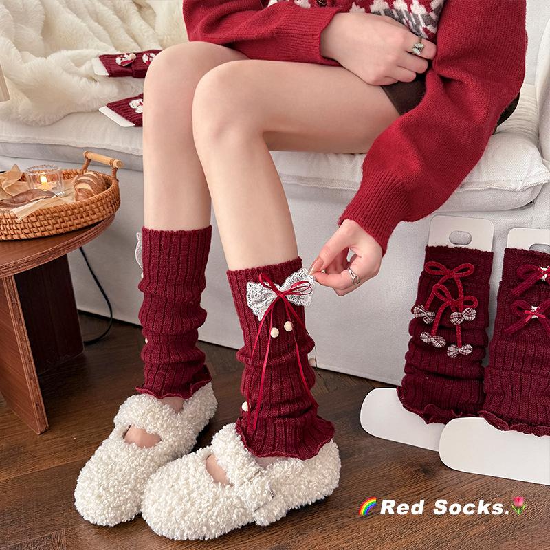 Boots Still Cotton Socks Cover Red Bow New Year Christmas Stacking Socks Lolita Warm Calf Socks
