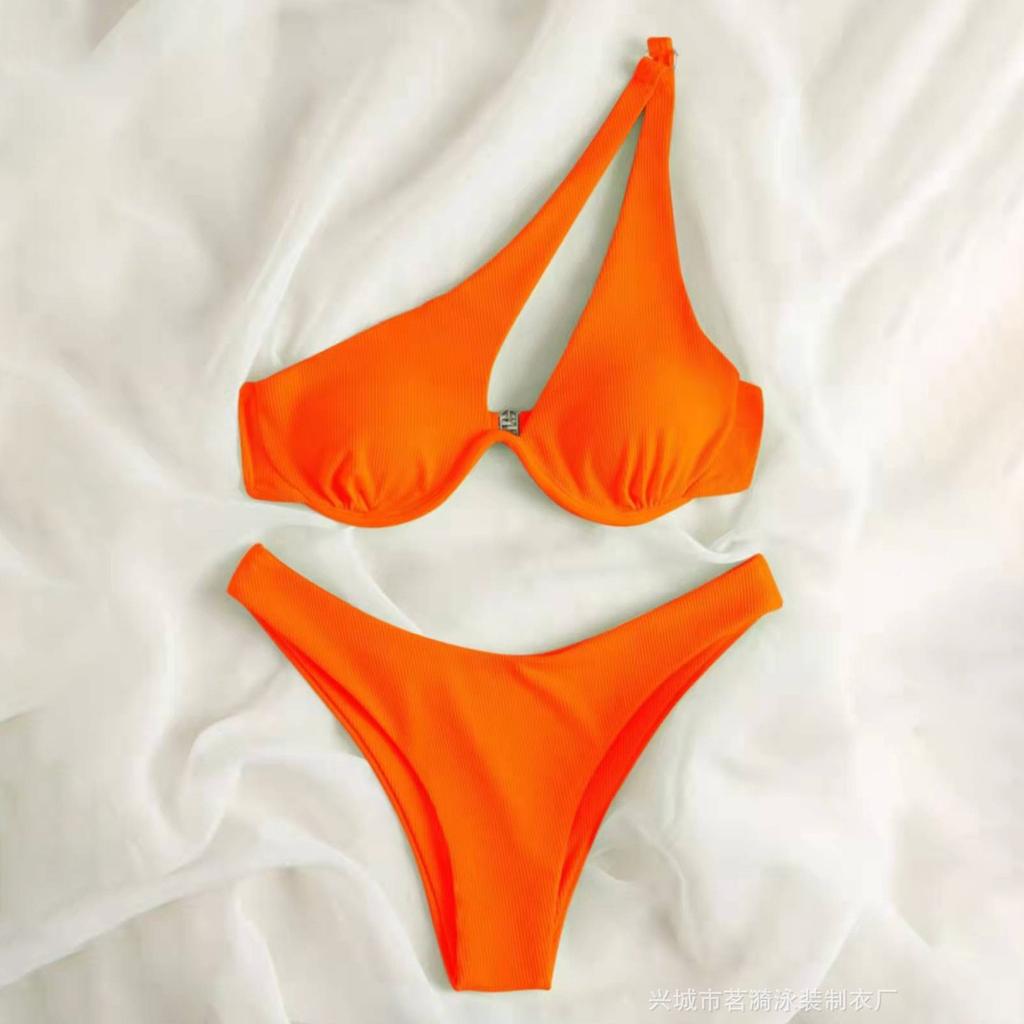 Women's Summer Fashion Sexy Solid Color One-shoulder Waist Split Adjusted Shoulder Straps Bikini Swimsuit Set