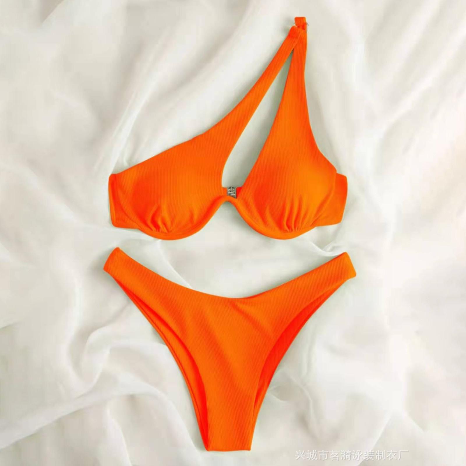 

Женский летний модный сексуальный однотонный купальник бикини на одно плечо с разрезом на талии и регулируемыми бретелями S оранжевый