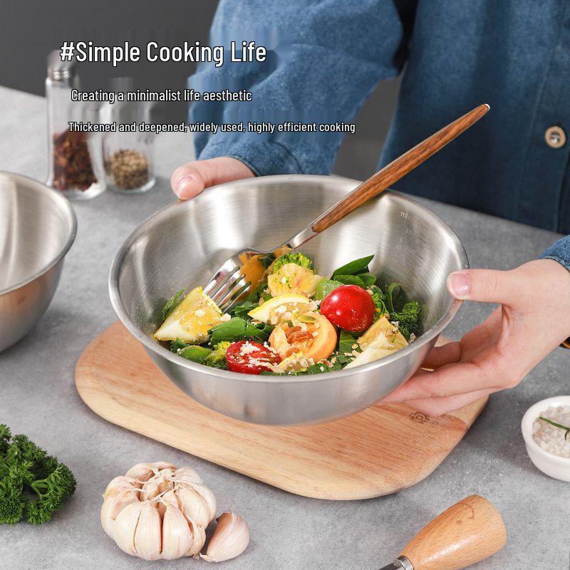 Extra Thick Food-Grade Stainless Steel Basin with Scale for Vegetables & Dough—Household Kitchen Mixing Bowl