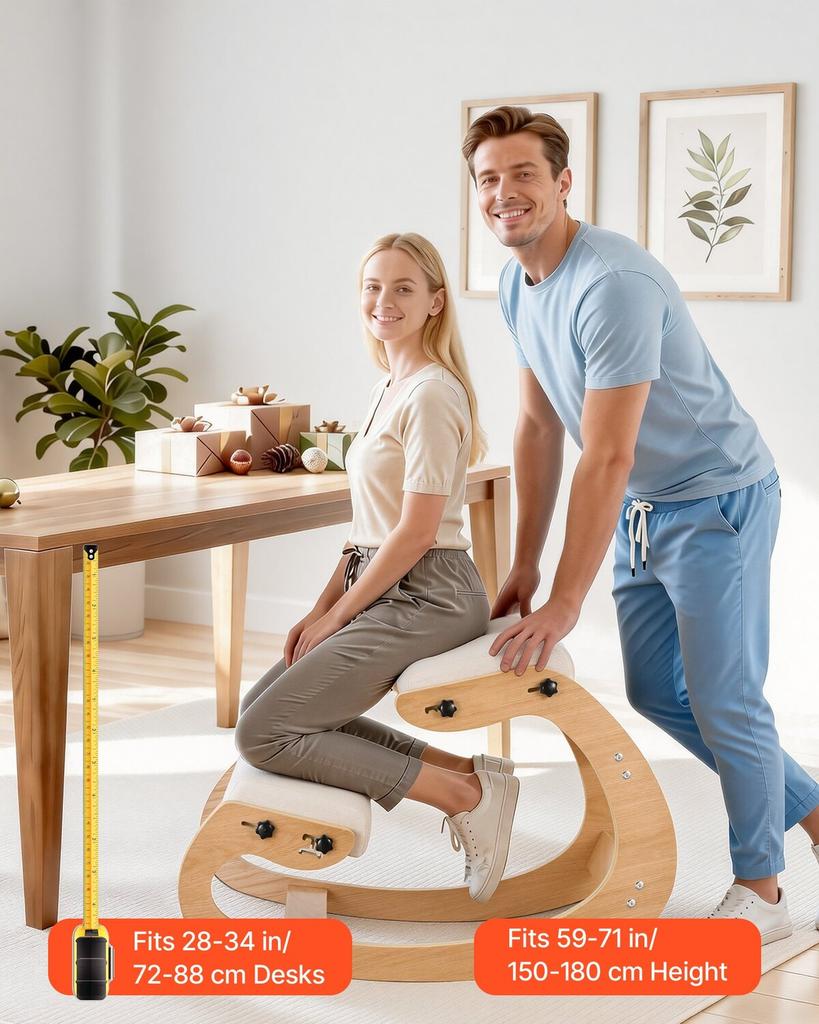 Ergonomic Kneeling Chair, Wooden Posture Knee Chair with Adjustable Thick Foam Cushions & Solid Wood Frame, Adjustable Height, Relief for Neck or Back