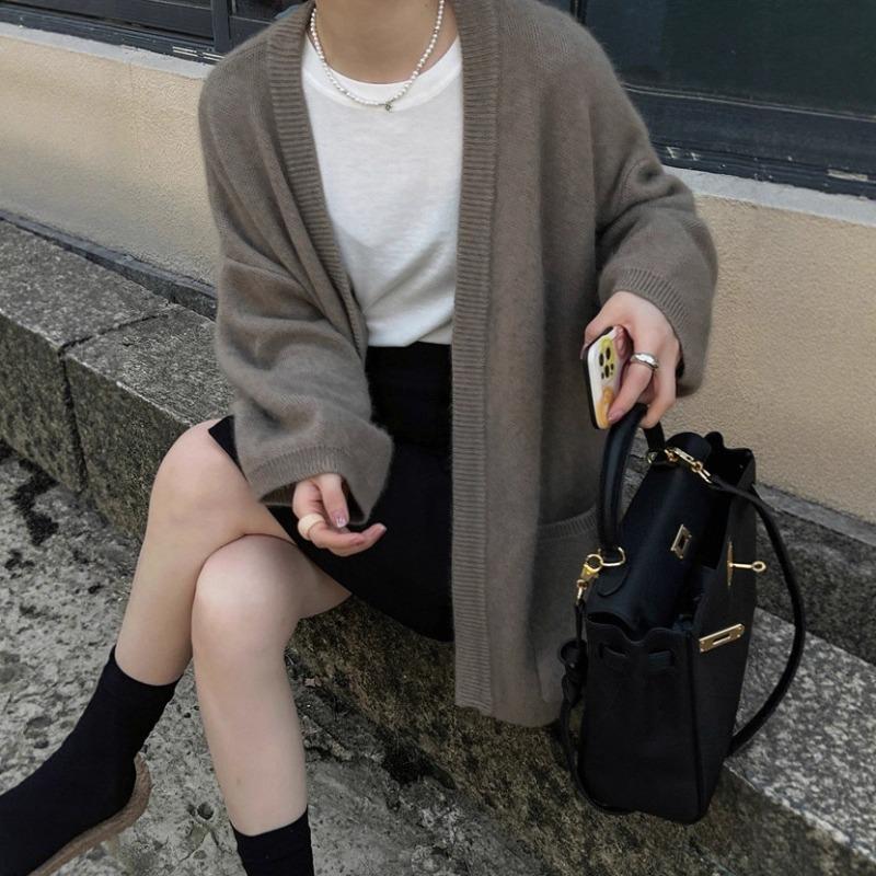 Medium and long lazy sweater jacket autumn and winter new solid color loose large size knitted cardigan women
