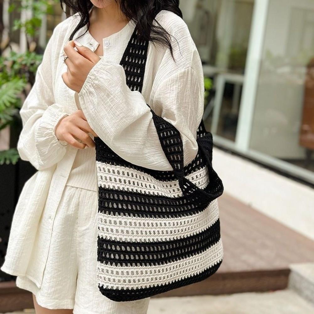 Fashion Hollow Out Stripe Crocheted Tote Bag Woven Fabric Bohemian Style Beach Tote Bag Handmade Summer Vacation Bag For Women