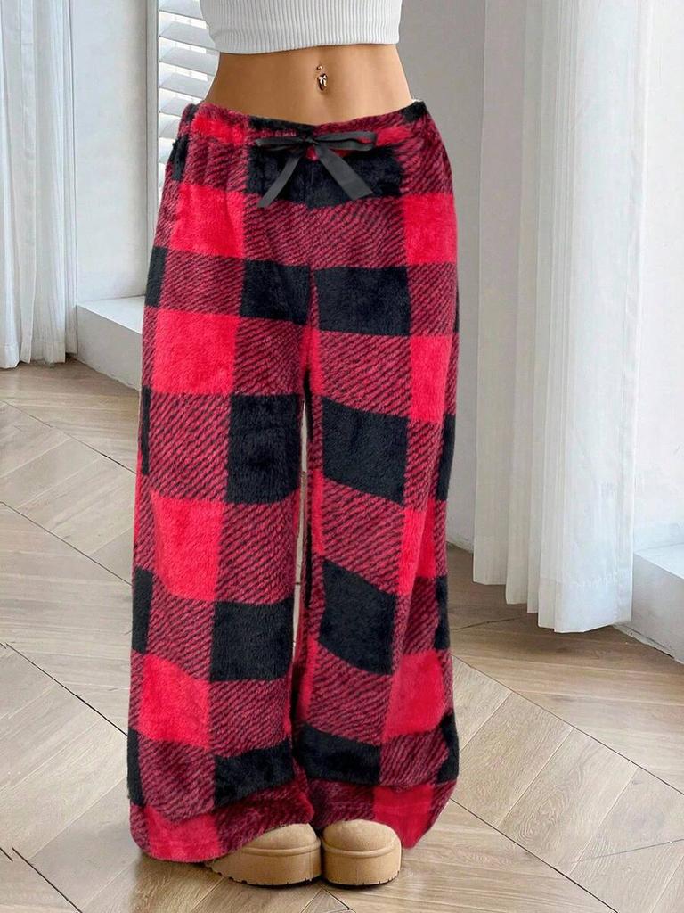 Winter New Women's Plaid Casual Pants with Elastic Waist and Fleece