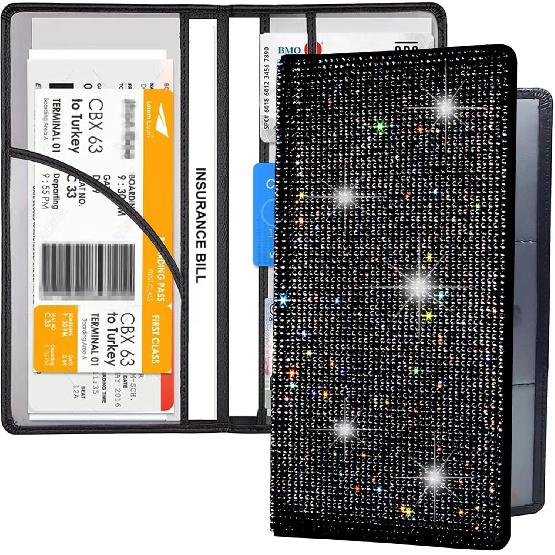 Bling Rhinestone Artificial Diamond Car Registration and Insurance Document Holder, Glitter Car Essentials Glove Box Organizer Compartment Bling