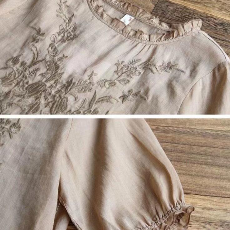 Summer Cotton Linen Tshirt Women Short Sleeve Embroidery Loose Fit Mom Top
