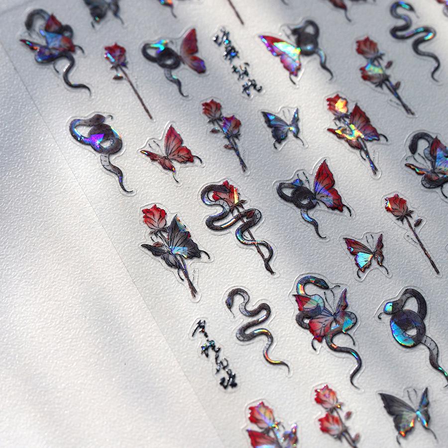 TENSOR M-877 Dunkel Schmetterling Rose Selbstklebende Nagelsticker - Heißfolienprägung Serie