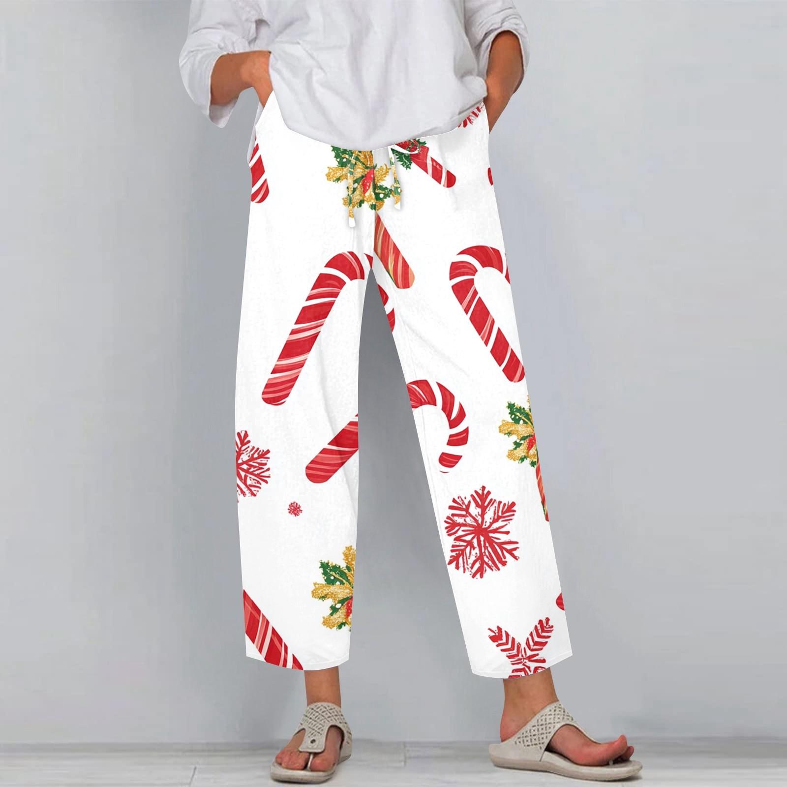

Женские модные повседневные брюки с принтом рождественских снежинок, карманами на шнурке и эластичной талией XL белый
