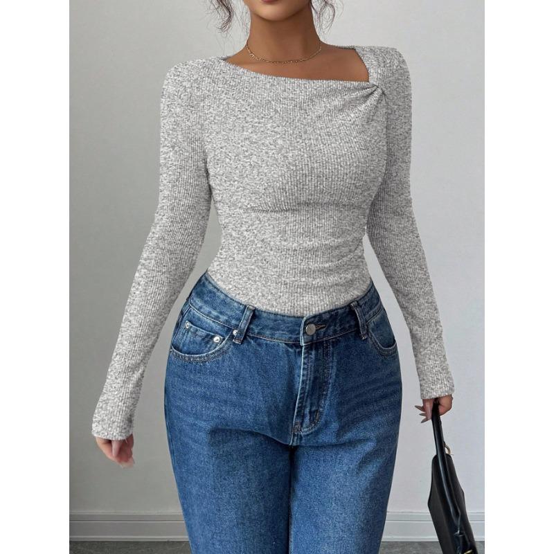 Women S Asymmetrical Neck Long Sleeve Knit Top Slim Fit Autumn Blouse