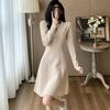 Autumn Winter V-neck Long-Sleeve Knit Dress for Women Elegant Solid Double Pockets Vertical Stripes A-Line Short Sweater Dress