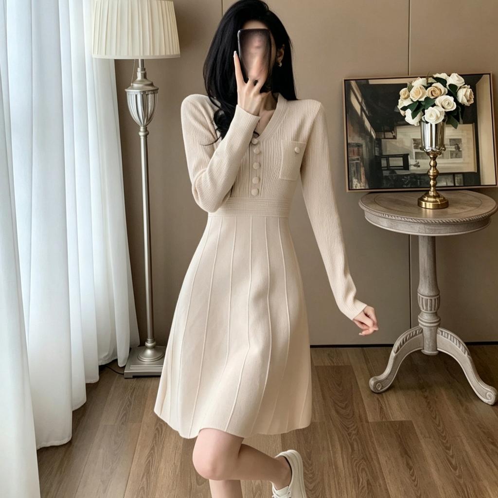 Autumn Winter V-neck Long-Sleeve Knit Dress for Women Elegant Solid Double Pockets Vertical Stripes A-Line Short Sweater Dress
