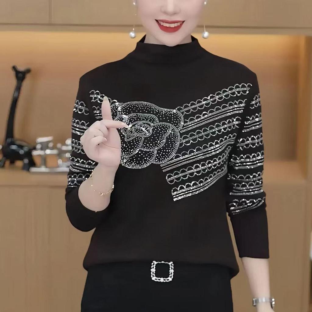 Elegant Rhinestone Half-High Collar Top for Middle-Aged Women - Autumn/Winter Fashion