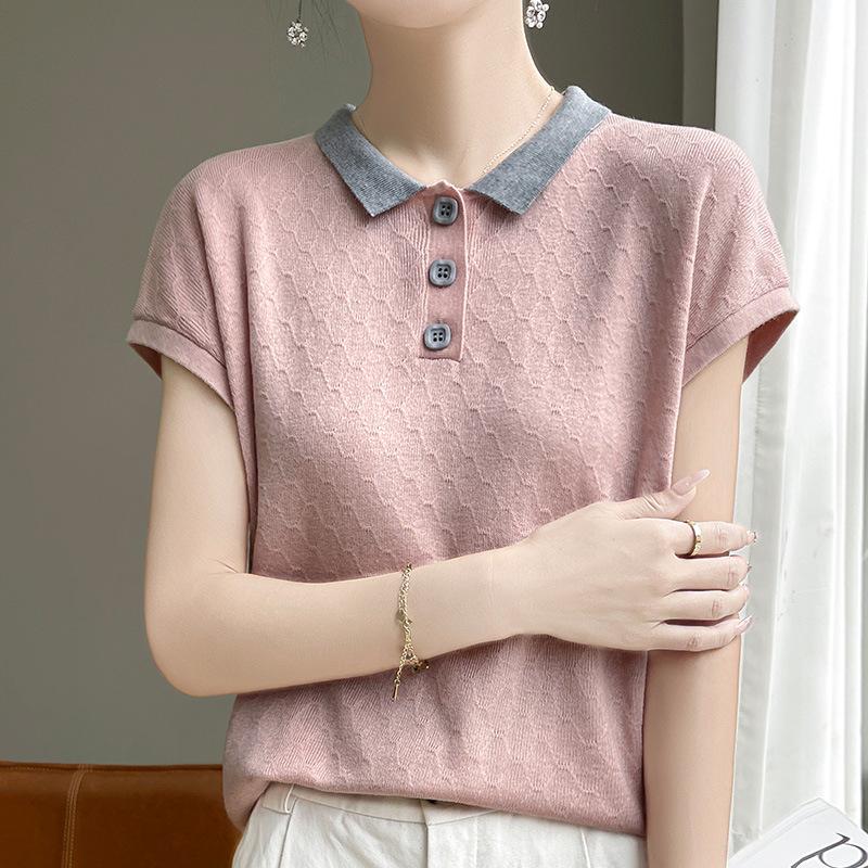 

Lapel Short-sleeved Women s Summer New Korean Style Versatile Thin Base Knitted Sweater T-shirt Top M білий