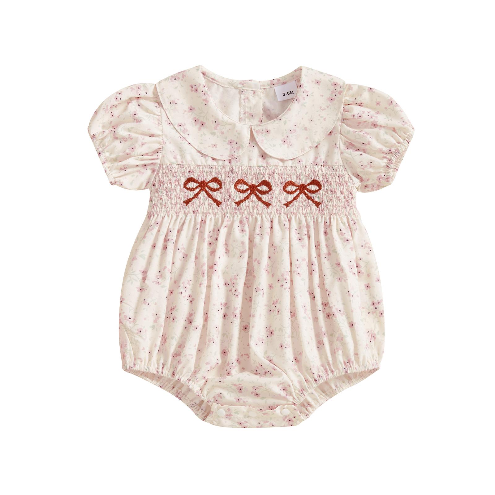 

Комбинезоны для девочек с бантом, вышитым принтом, воротником-стойкой, комбинезоны с коротким рукавом, боди, летняя одежда 0-6M розовый