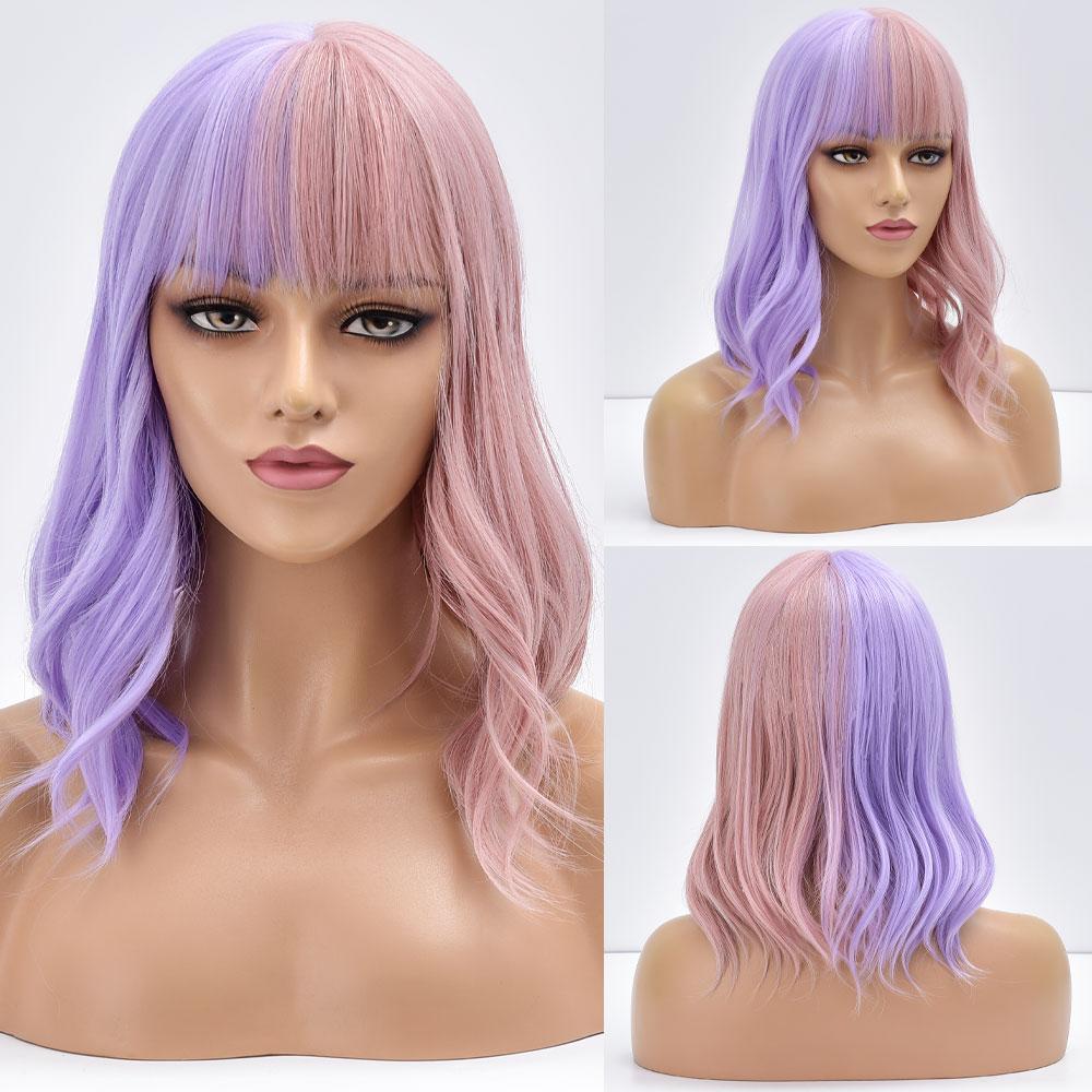 Short Bob Synthetic Wig Ombre Pink Water Wave Hair Wigs For Black Women With Bangs Cosplay Lolita Heat Resistant Natural Hair