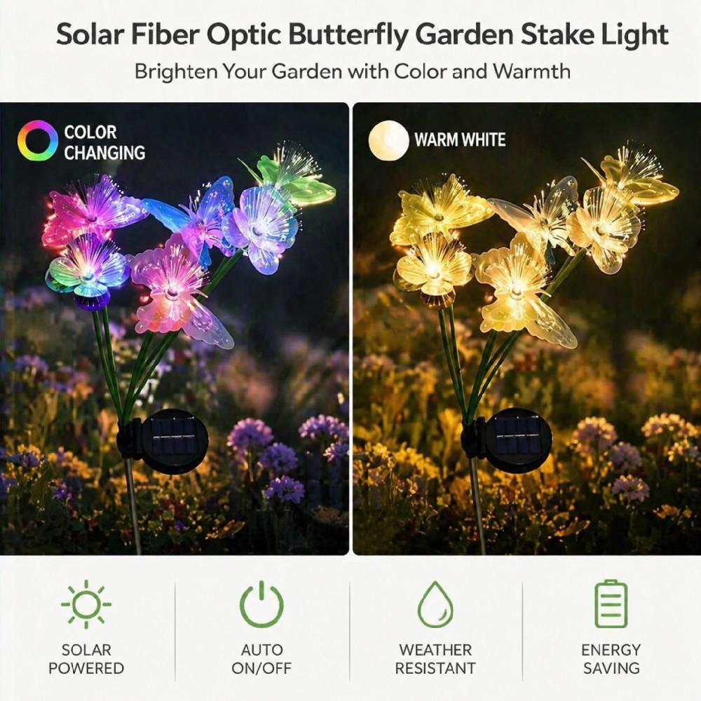 2PCs  Solar Butterfly Flower Stake Lights 10/8/6 Head 2 Modes Steady Flash Waterproof Outdoor Garden Yard DIY Decor Lamp