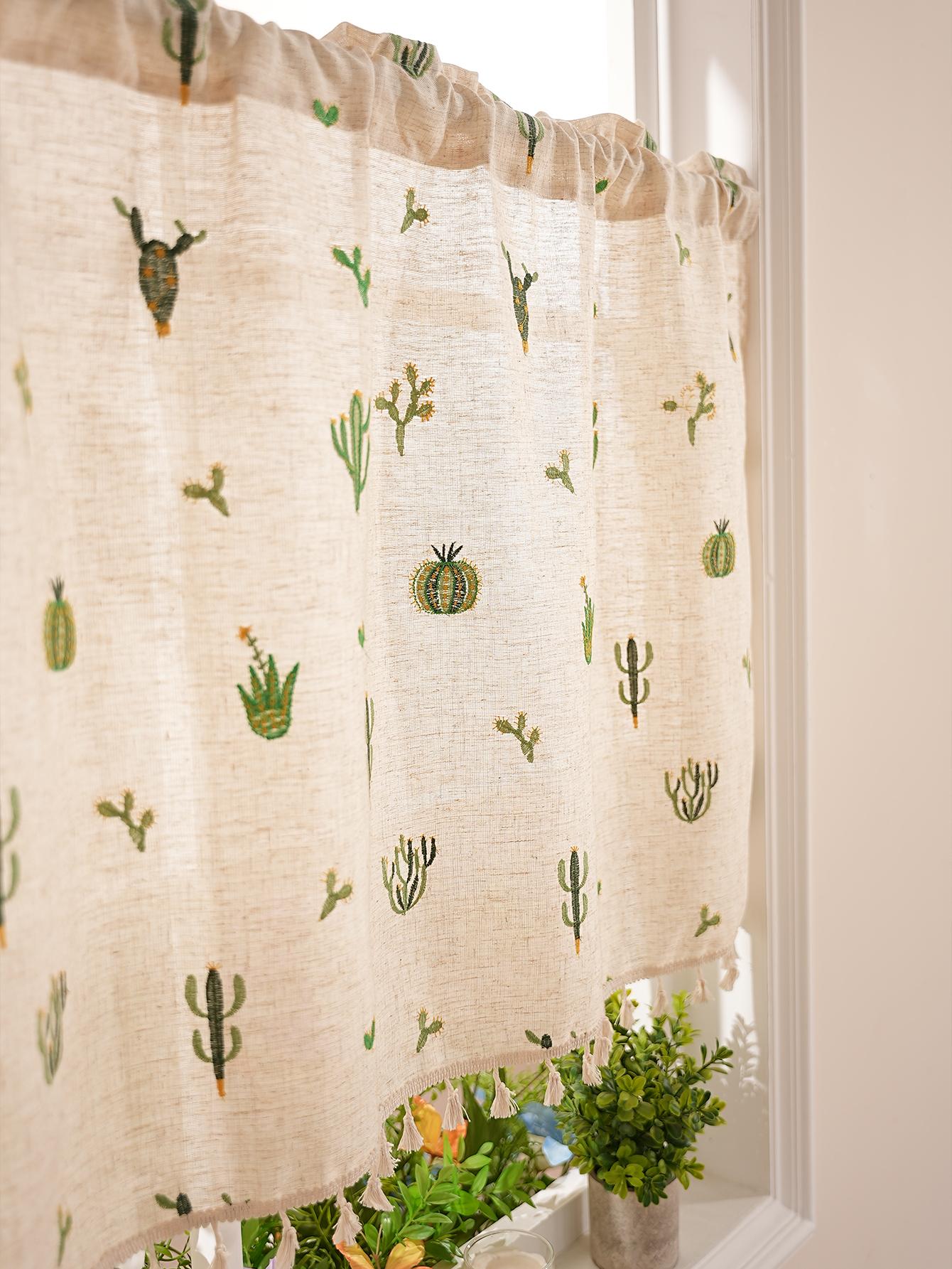 

Свежая вышитая короткая штора для гостиной, спальни, окна, шкафа-перегородки, короткая штора, вышивка кактусов 100x60cm зелёный