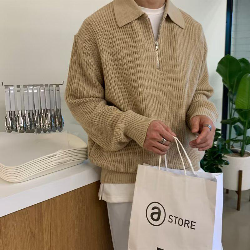 Men's Retro Half-Zip Turn-Down Collar Sweater, Autumn/Winter Style, Loose Casual Knitwear.