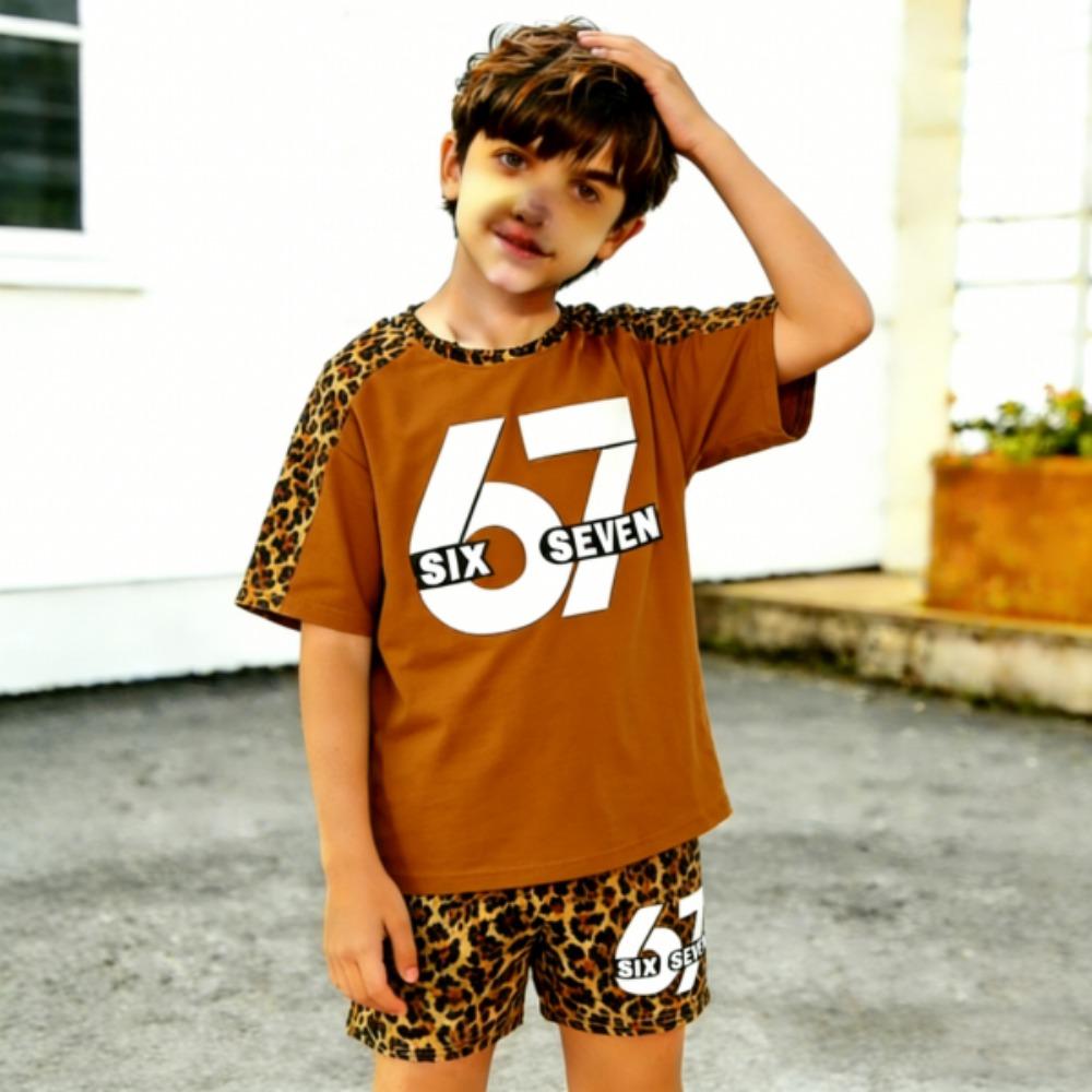 67 Leopard Colored Printed kids T-shirt and Shorts 2 Piece Set Summer Casual Outfit for boy's and girl's Clothing Top