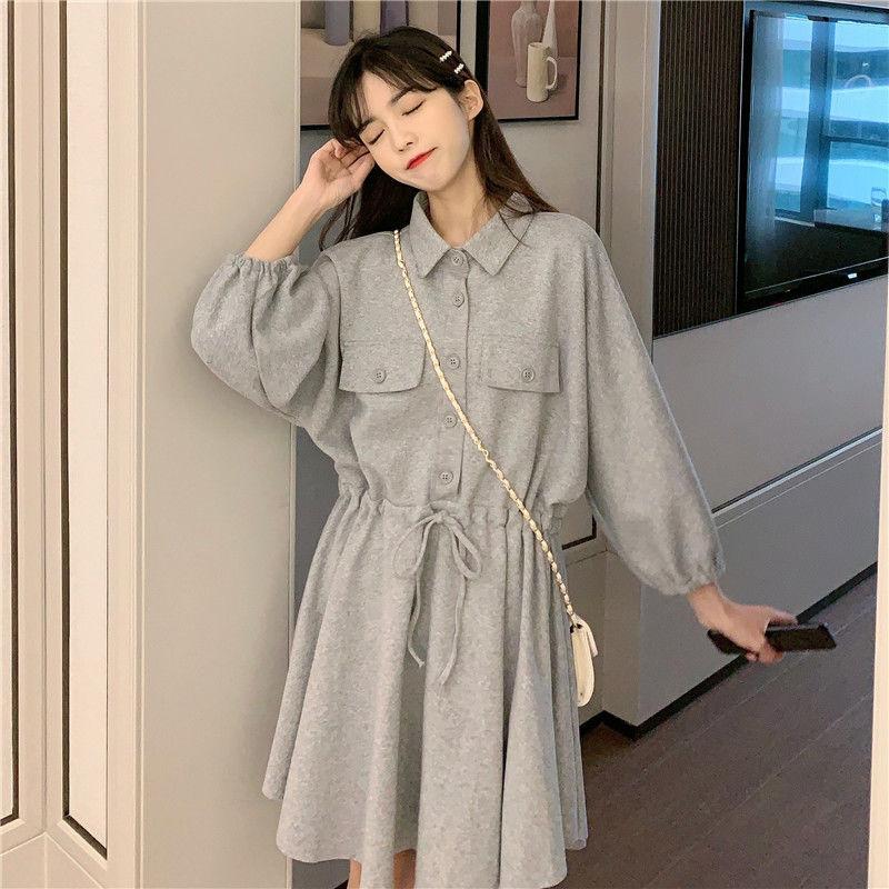 

Весеннее женское платье с воротником поло и длинными рукавами в корейском стиле, облегающая юбка А-силуэта на завязках на талии XL серый