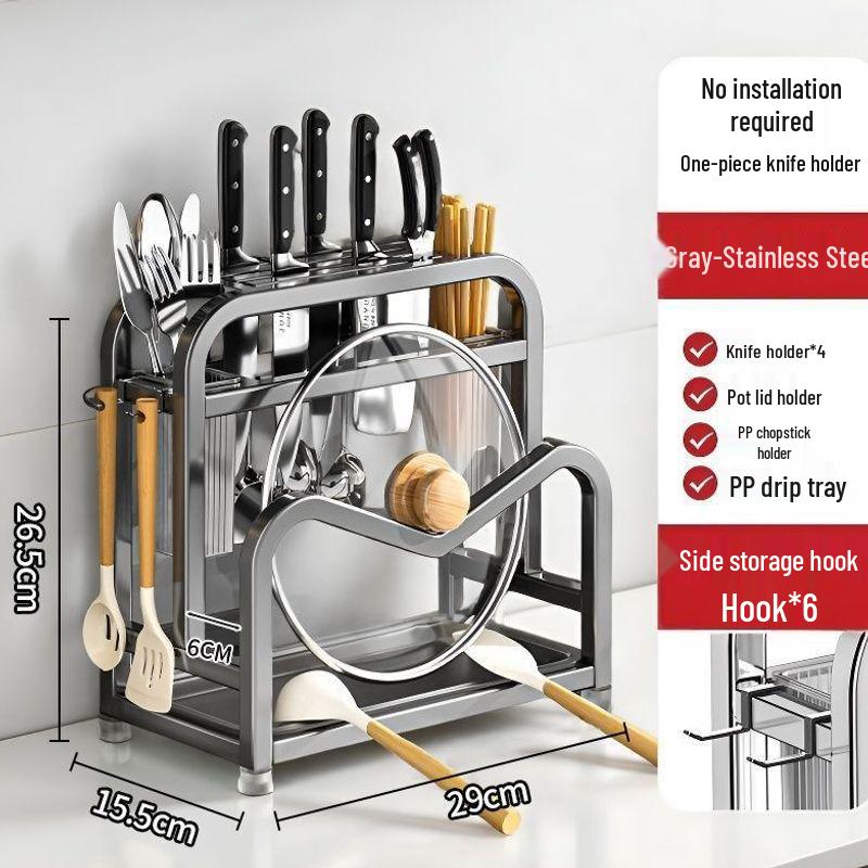 Stainless Steel Kitchen Organizer: Knife Holder, Pot Lid, Cutting Board, Cutlery & Chopstick Stand