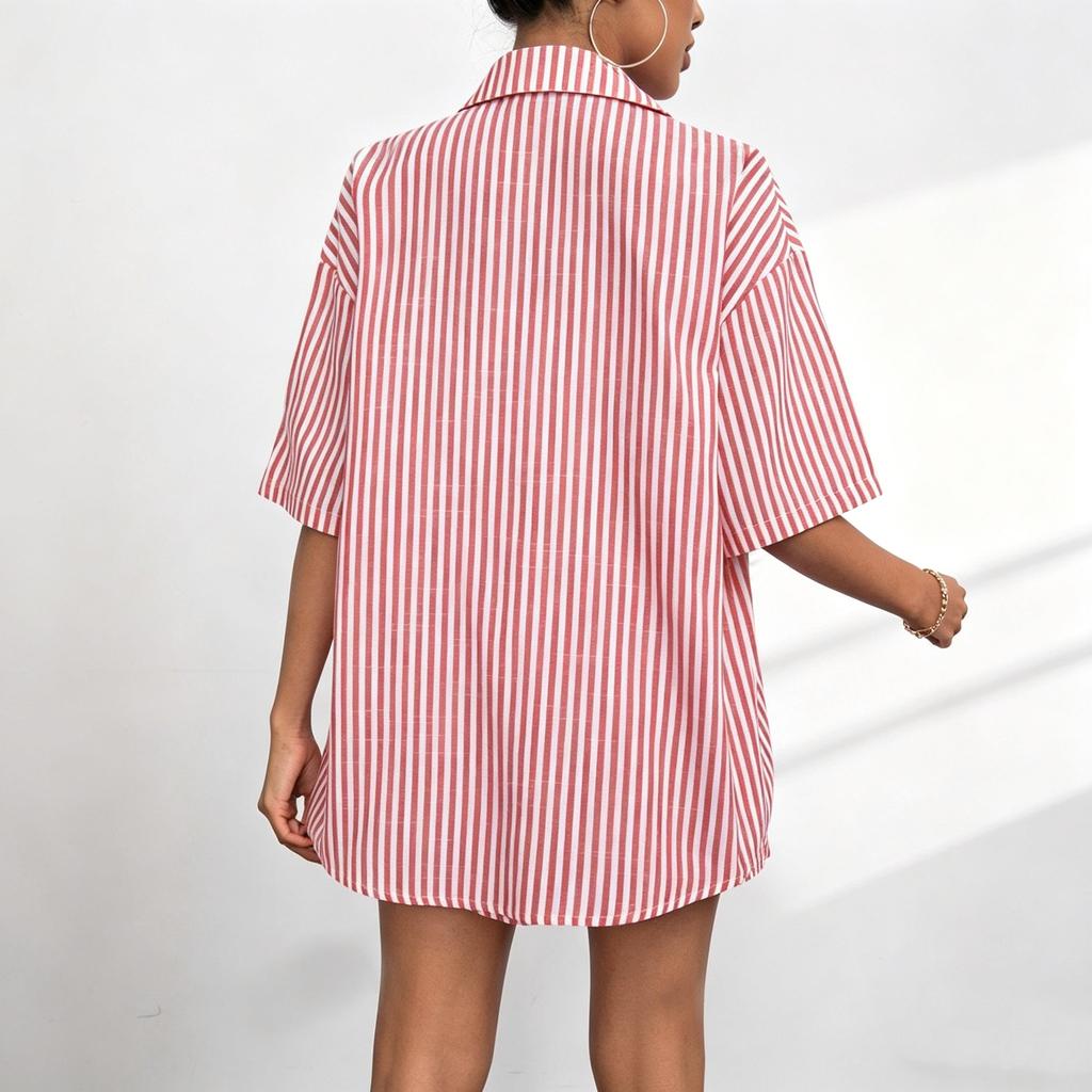 Gestreifte 2-teilige Outfits für Damen, Oversized Hemd mit Knöpfen und Shorts mit Kordelzug, Lässiger Sommer-Trainingsanzug