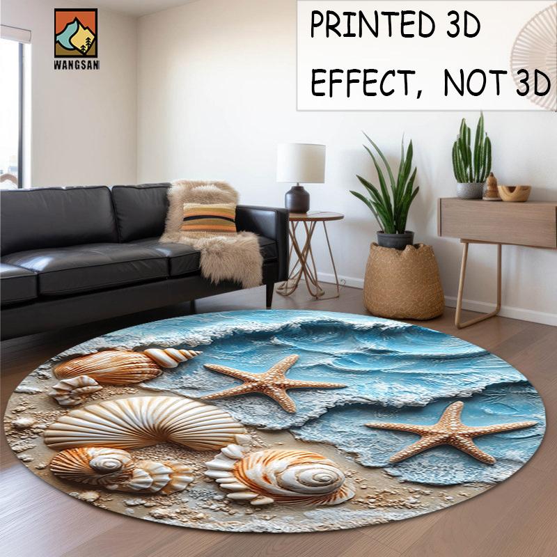 Printed 3D Beach Shell Starfish Round Rug Ocean Wave Sand Texture Flannel Carpet Bathroom Entryway Coastal Decor Seaside Themed