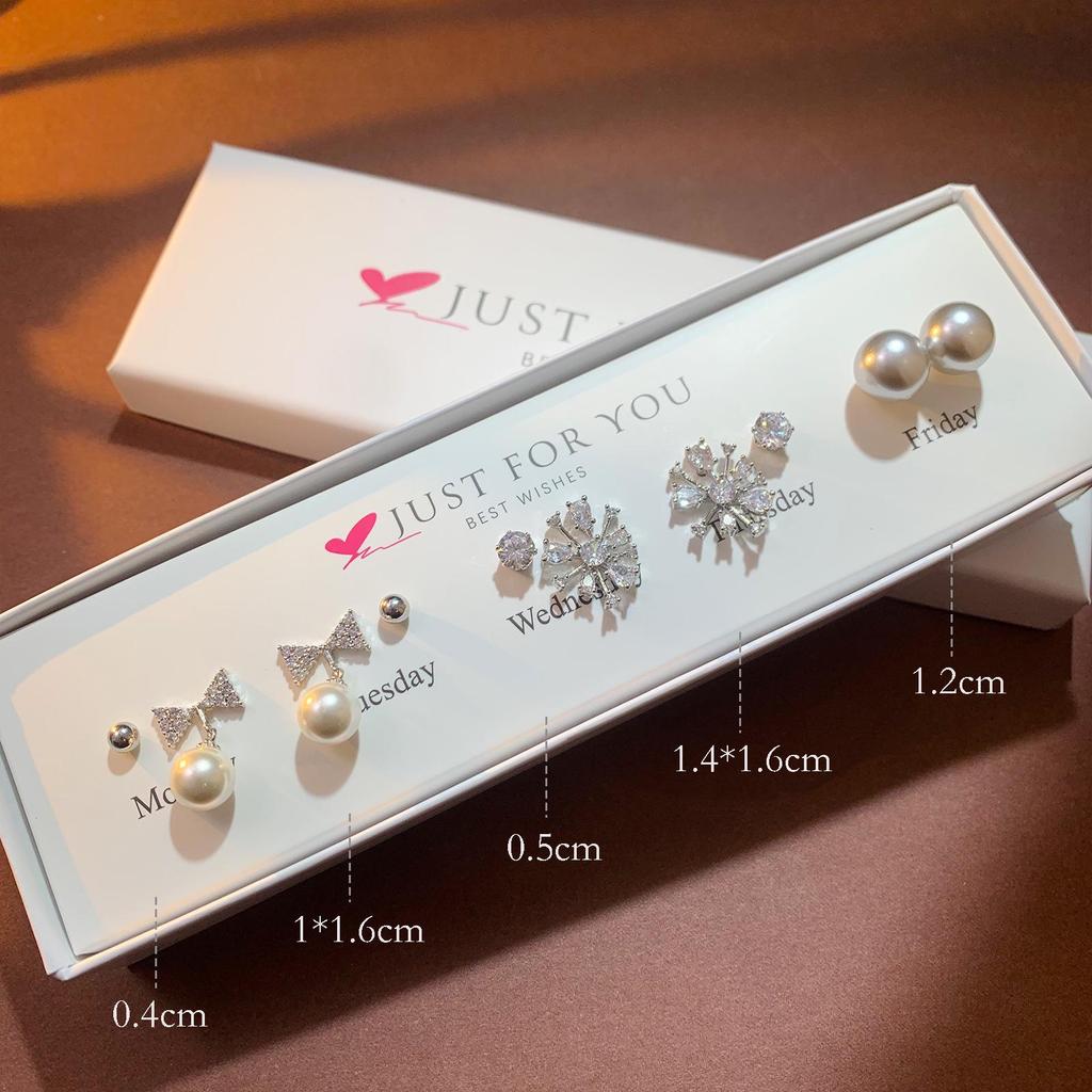 Weekly Earring Set: Flower Zircon Studs, Simple Ear Cuffs, Pearl Tassel French Earrings - 5 Pairs