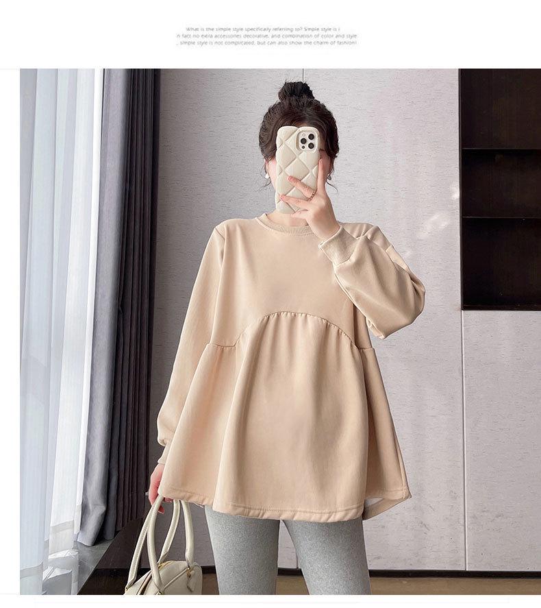 Maternity Korean Style Two-Piece: Color-Reducing, Age-Reducing Baby Doll Shirt & Long-Sleeved Sweatshirt - Plus Size, Slimming, Cover Belly.