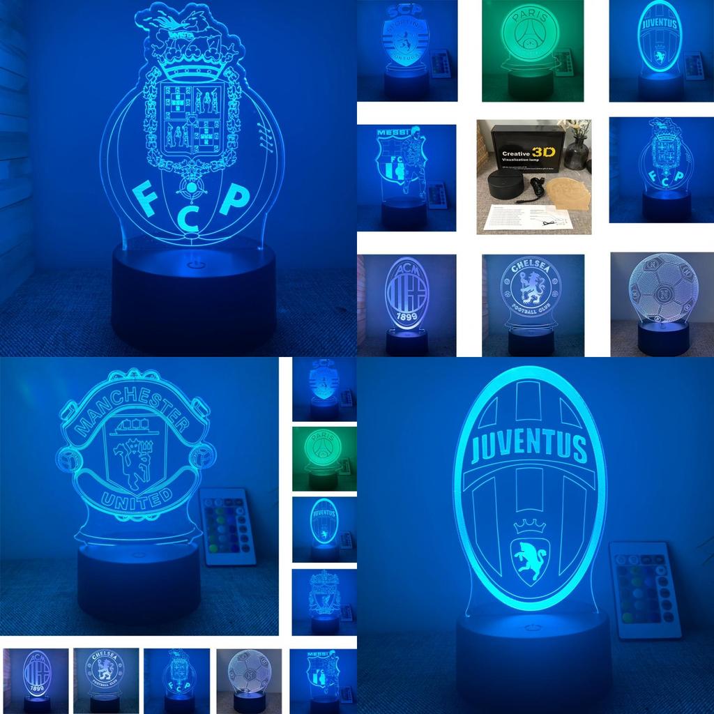 Luce Notturna a LED Acrilica 3D Lampada Club di Calcio 7 Colori Alimentazione USB Regalo Conveniente
