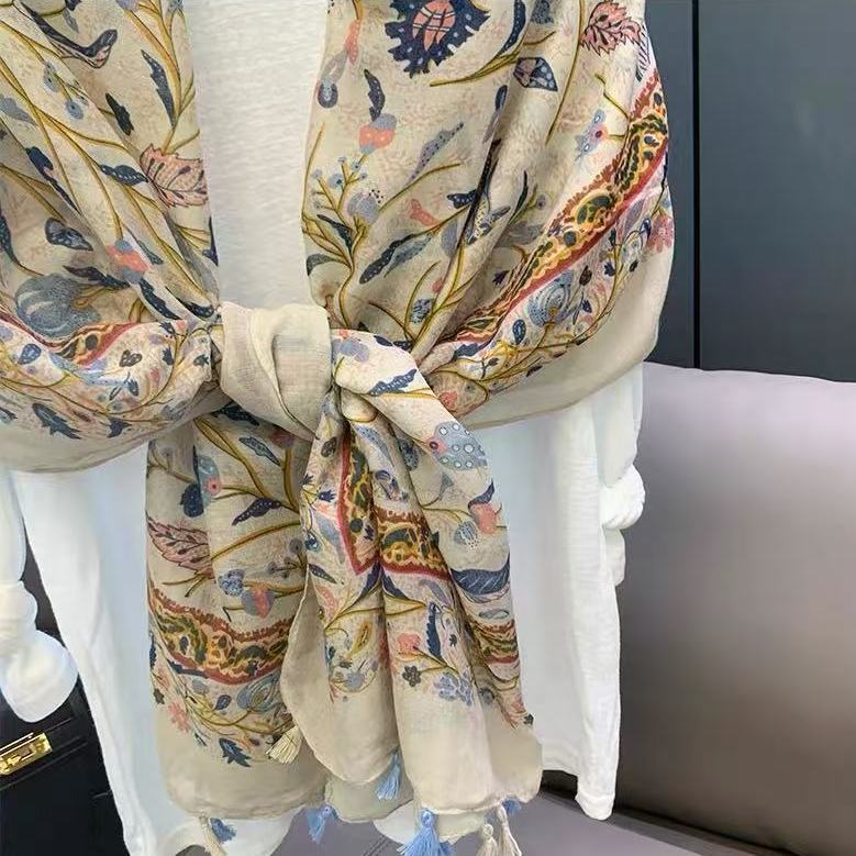 Sunscreen Shawl Spring and Summer Soft Cotton and Linen Feel Long Scarf Female Plain and Elegant Flower Fringed Silk Scarf