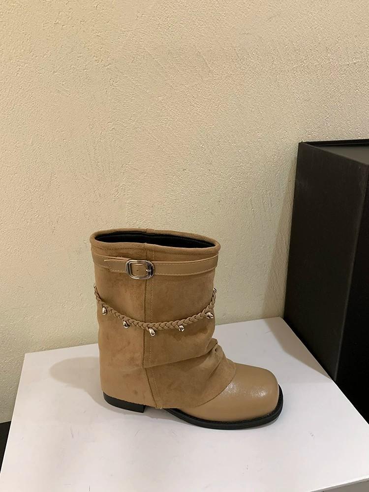 Retro style woven belt belt buckle stack boots women's new thick heel short boots locomotive boots western cowboy boots