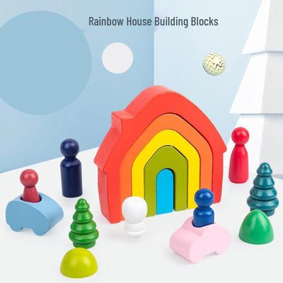 Wooden Rainbow House Block Set for Kids - Early Education Stacking Toy