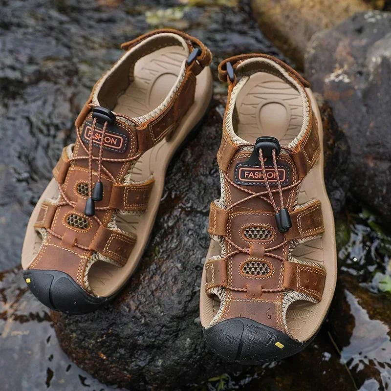 Fashion Summer Men Sandals Genuine Leather Mens Casual Shoes Outdoor Men Leather Sandals for Men Beach Shoes Roman Shoes Zapatillas Male