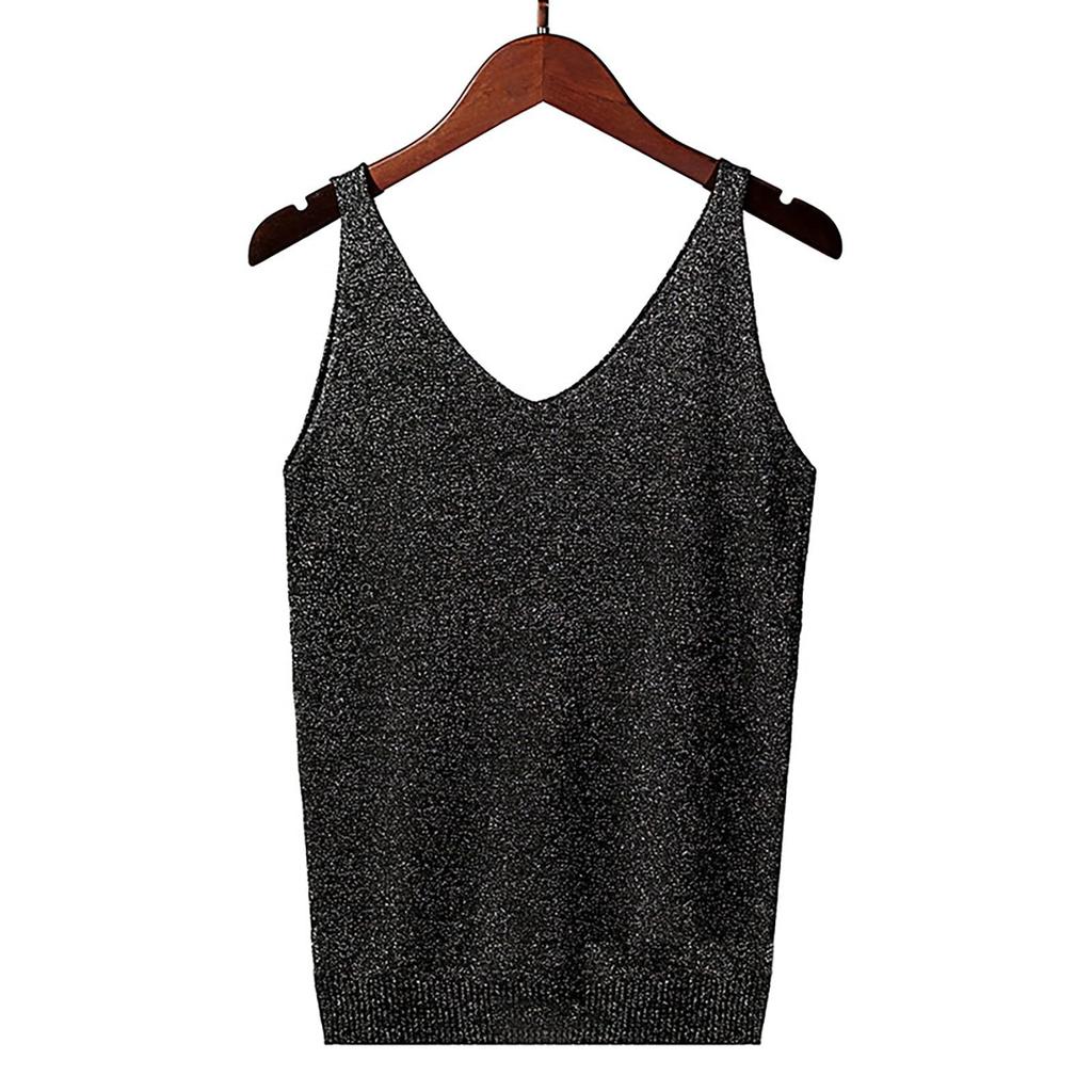 Women's Tank Top With Knitted Sequins Sexy Sleeveless V Neck Tank Top T-Shirt Casual Sequins Strappy T-Shirt Elegant Blouse