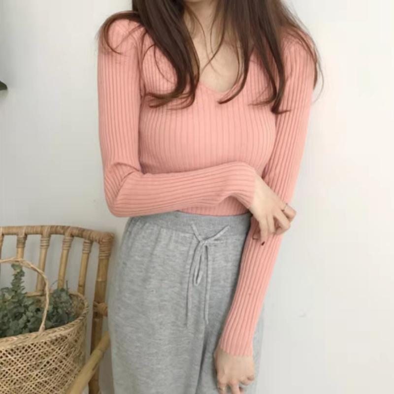 Autumn and Winter V-neck Knitted Sweater for Women Fashion Slim Fit Long Sleeve Base Pullover Sweaters Tops Ladies Elegant Solid Woman Knitwear 24978
