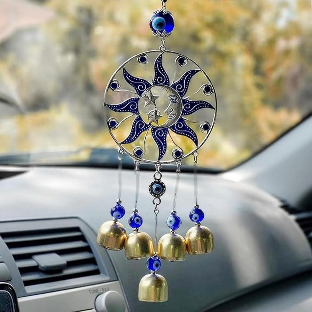 Decorazione Luna e Stella con Occhio Malocchio e Campanello Pendenti Sole Fortunato, - Segno di Protezione, Benedizione e Forza - Decorazioni per Auto per Specchietto Retrovisore