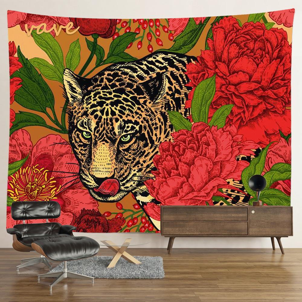 Hippie Psychedelischer Tiger Wandteppich, Wandbehang, Boho Zimmerdeko, Ästhetisch, Mysteriöse Blume, Dschungel Mondlandschaft, Wald
