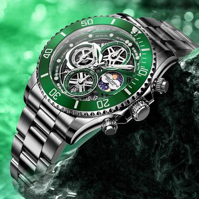 New Fashion Green Submariner Mechanical Style Hollow Watch Calendar Luminous Waterproof Multifunctional Quartz Men's Watch