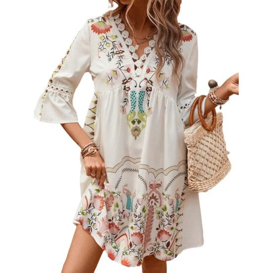 Women's Boho Floral Mini Dress Fall Long Sleeve V Neck Flowy Wedding Guest Dress Casual Beach Vacation Outfits