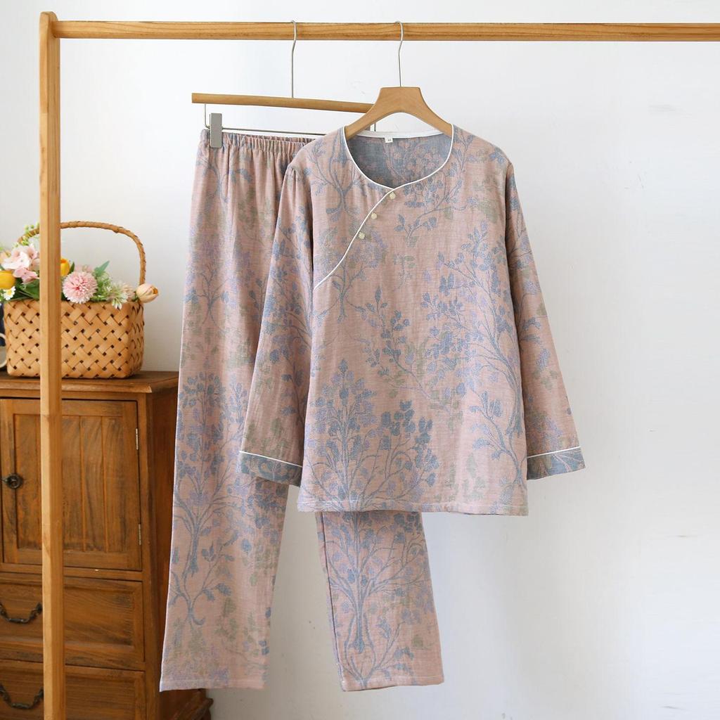 2026 New Spring and Autumn Women's Pajama Set 100% Cotton Gauze New Chinese Style Diagonal Collar Home Furnishing Set Sleepwear