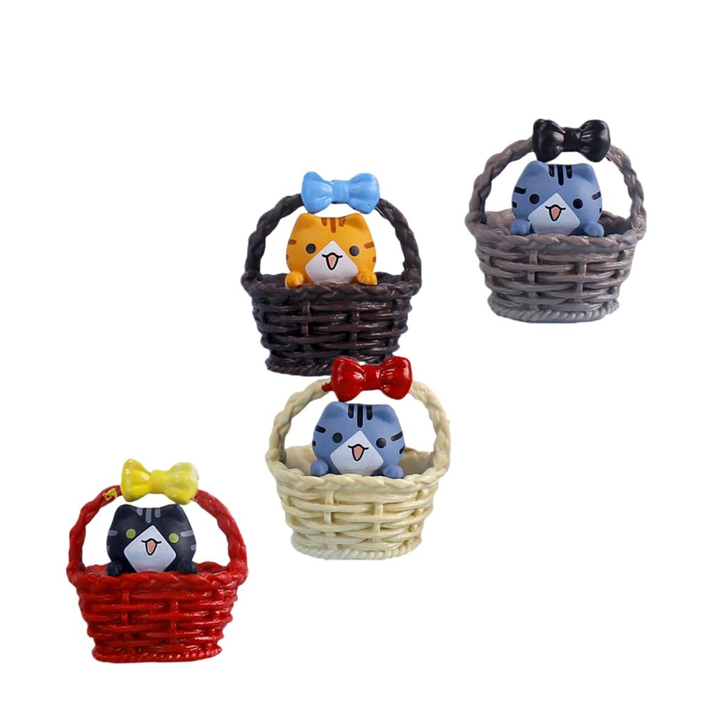 4Pieces Funny Basket Cats Plastic Miniature Figurines Cartoon Kitten Ornaments for Kids Room Decors Creative Gift