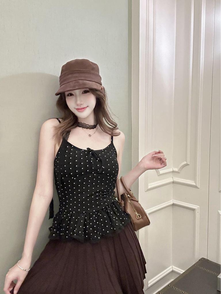Sweet Polka Dot Lace-Up Spaghetti Strap Bow Tank Top for Women