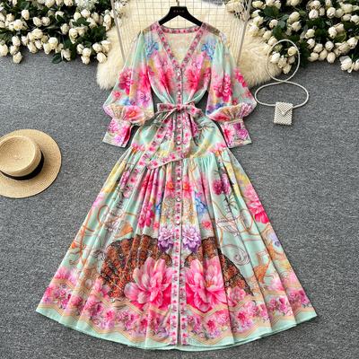 Spring Summer Women Designer Print Chain Runway Robe Long Maxi Big Swing Vacation Beach Lace-up Dresses