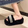 Thick-bottomed fluffy slippers for women's outer wear 2025 new autumn and winter cotton towing net red pearl fashion plush slippers spring and summer