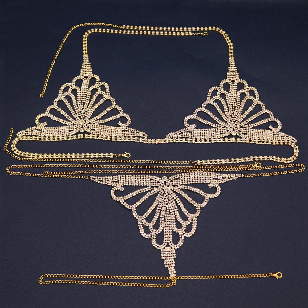 Sexy Exaggerated Shiny Rhinestone Claw Chain Body Chain Set Hollow Bra Underwear Set Body Chain Gold-color