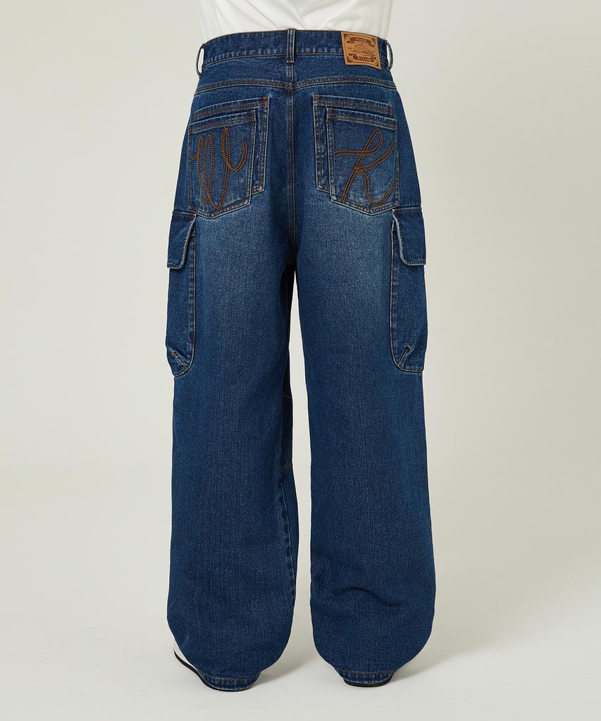WAIKEI Parachute Cargo Washed Denim Pants Medium Blue